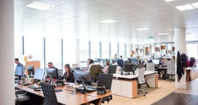 A zoomed-out picture of an office space where numerous coworkers are busy at work taking care of customer service.